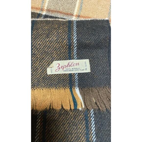 Zephlon Vintage Brown Plaid Soft Acrylic Fringed Scarf 54" X 12" - Picture 2 of 4